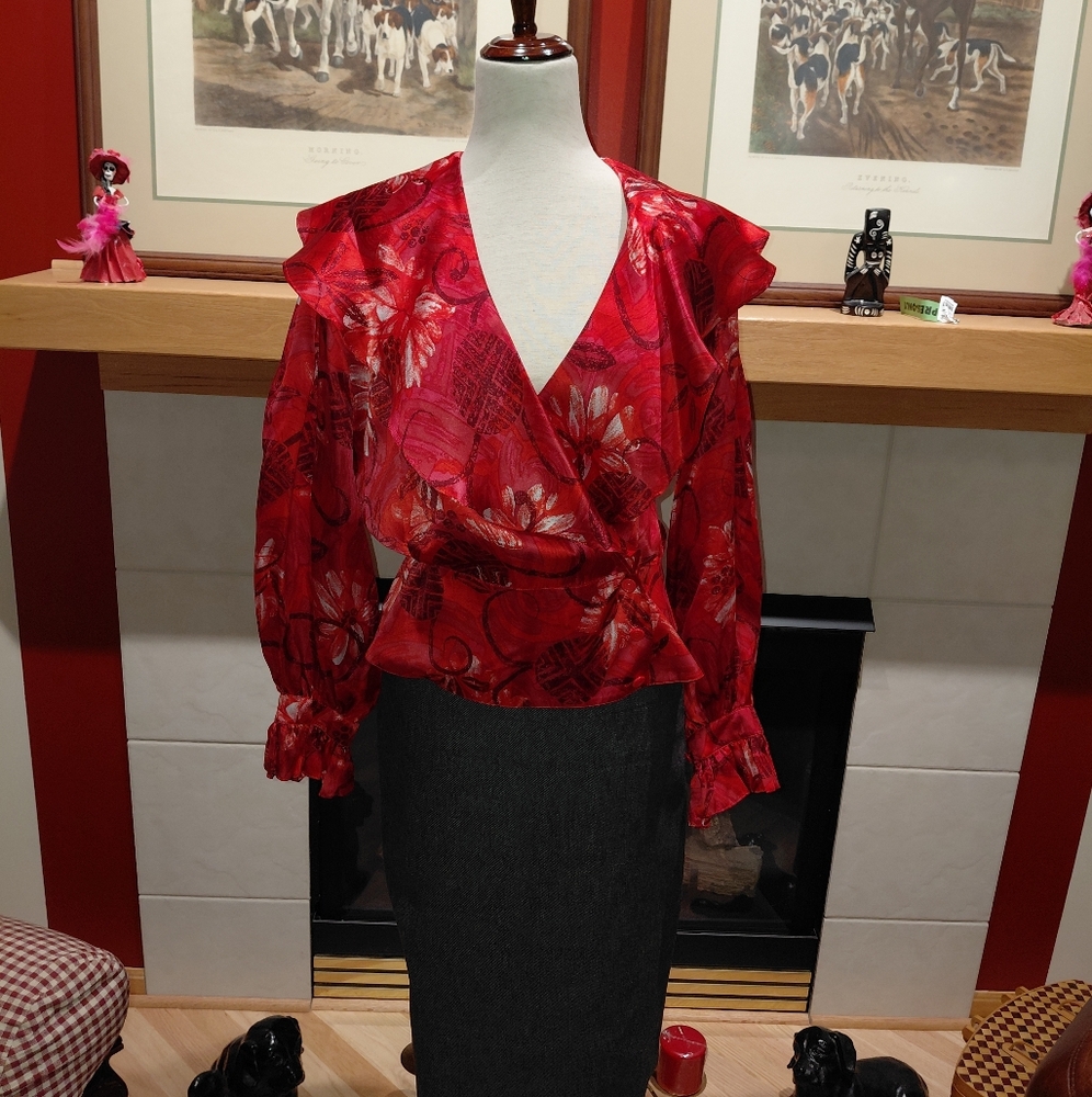 Christian Dior Long Sleeve Red Multi Silk  blouse M